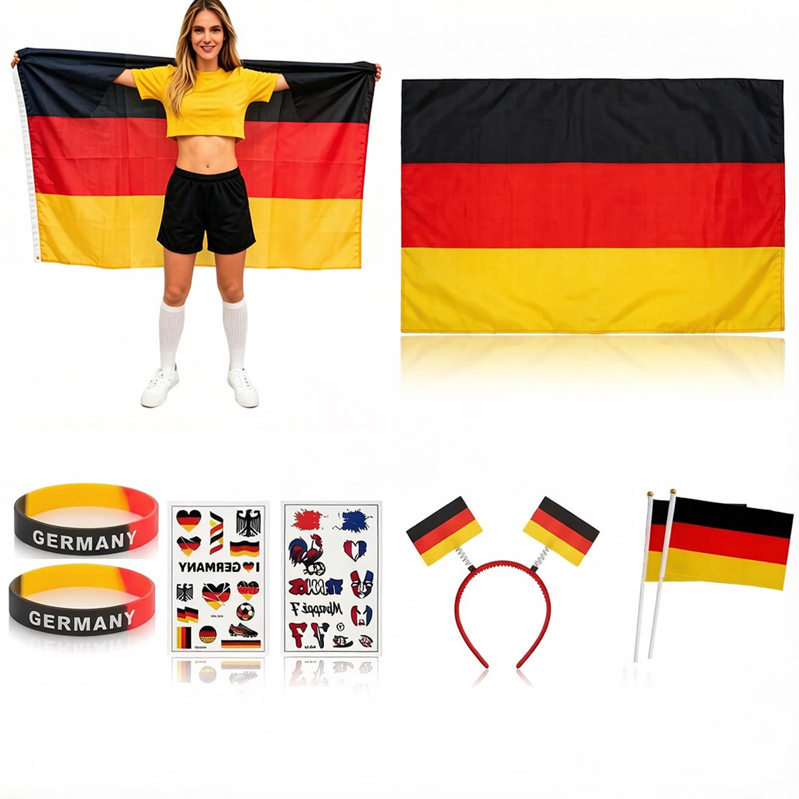 Football Fan Supporter Kit, Football Headband with Flag, Silicone Wristbands, Handheld Flags, Face Stickers & Flag Cape, Footballs Gear for World Cup Euros Rugby Match Day Party (Germany)