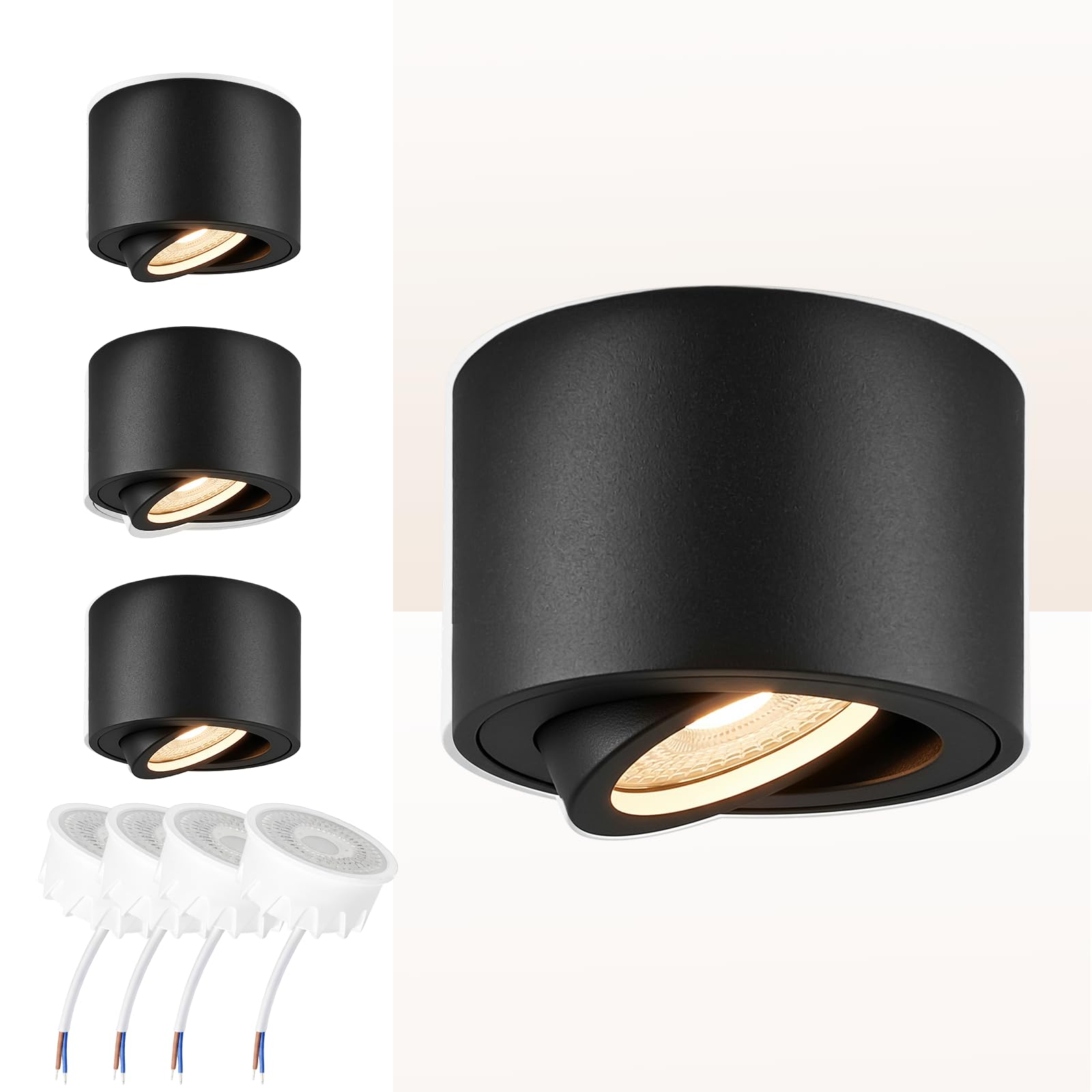 Cinsenten 4er Set LED Aufbauspots Flach Schwarz – 38° Schwen