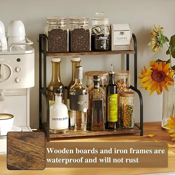 Image of Spice Rack Organizer for Kitchen Countertop, Metal Kitchen Storage Shelf with Wooden Shelves, Pantry Cabinet Organizer for Spice Jars, Oil Bottles, Seasonings, Condiments (Black, 2-Tier)