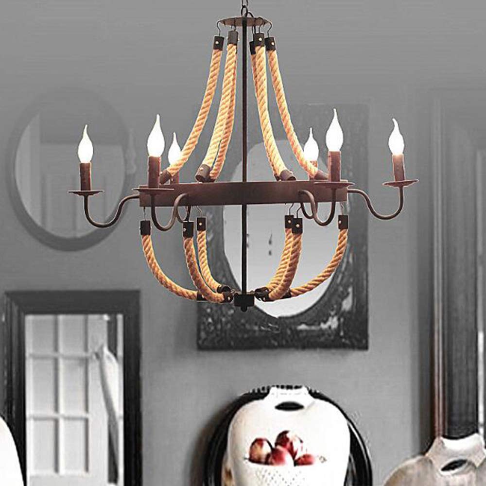 Lámpara De Araña Cuerda De Cáñamo Luz Colgante Rústico E14 Luz De Techo Cuerda Vintage Lámpara Colgante De Metal Industrial Comedor Cocina Sala De Estar Bar Cafe Lámparas Colgantes,6 heads