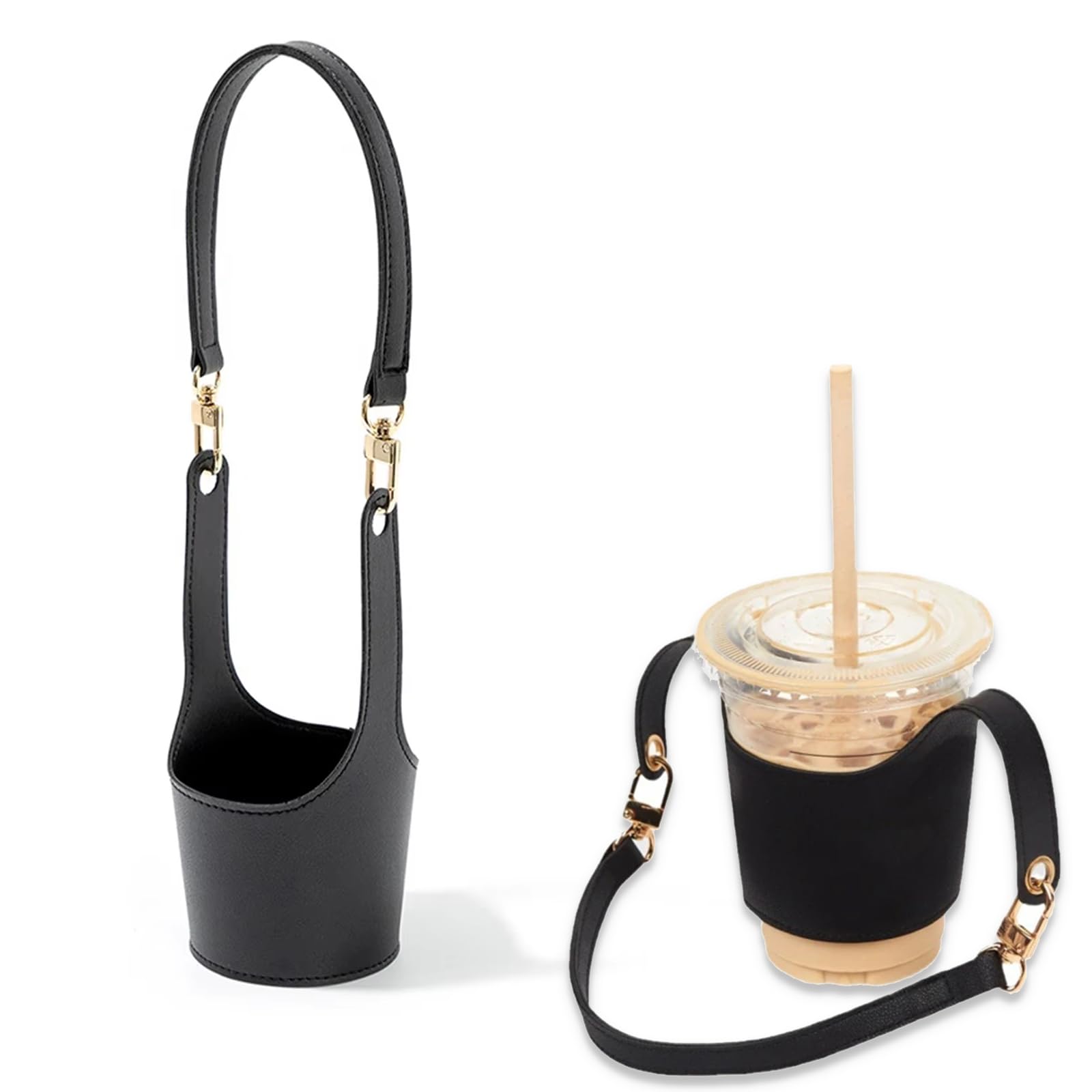 Coffee Cup Holder Tea Cup Protective Sleeve Water Bottle Holder PU Leather Cover Travel Water Bottle Sling Bag with Adjustable Strap for Travel Hiking