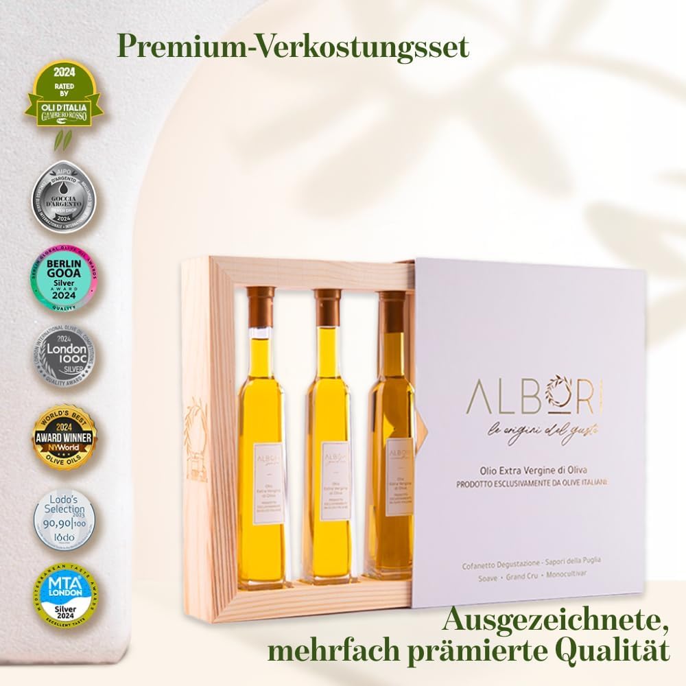 ALBORI Verkostung- Olivenöl Italienisch Extra Nativ Apulisches Kaltgepresst, Geschenkset Geschenkbox Degustation mit 3 Ölflasche Olive Oil 100ml, Premium Geschenkideen Monokultivar und Mischung Oliven