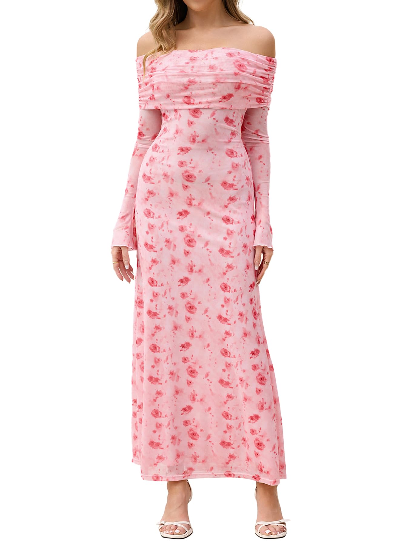 Photo 1 of KUTUMAI Women Off Shoulder Bodycon Maxi Dress Long Sleeve Mesh Ruched Party Formal Wedding Guest Dresses PinkFloral L