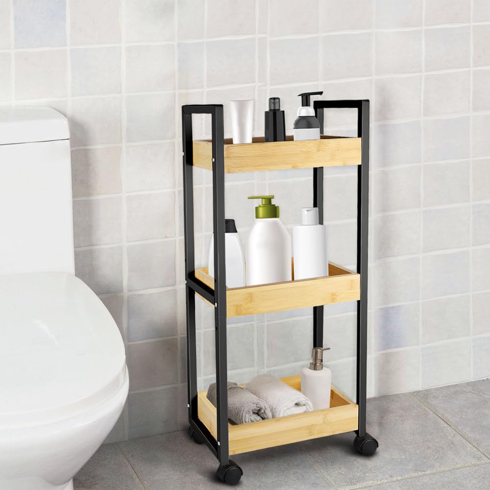 Huole - Carro de almacenamiento con ruedas de bambú con estante de 3 bandejas, carrito de almacenamiento de 3 niveles, estante de almacenamiento con ruedas para cuarto de baño, cocina de bambú, 20 x