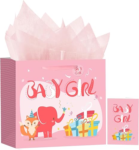 Powbrace Bolsa de regalo para bebé niña con papel de seda y tarjeta de felicitación para cumpleaños, fiesta, bolsa de regalo de bebé, bolsas de Powbrace Bolsa de regalo para bebé niña con papel de seda y tarjeta de felicitación para cumpleaños, fiesta, bolsa de regalo de bebé, bolsas de