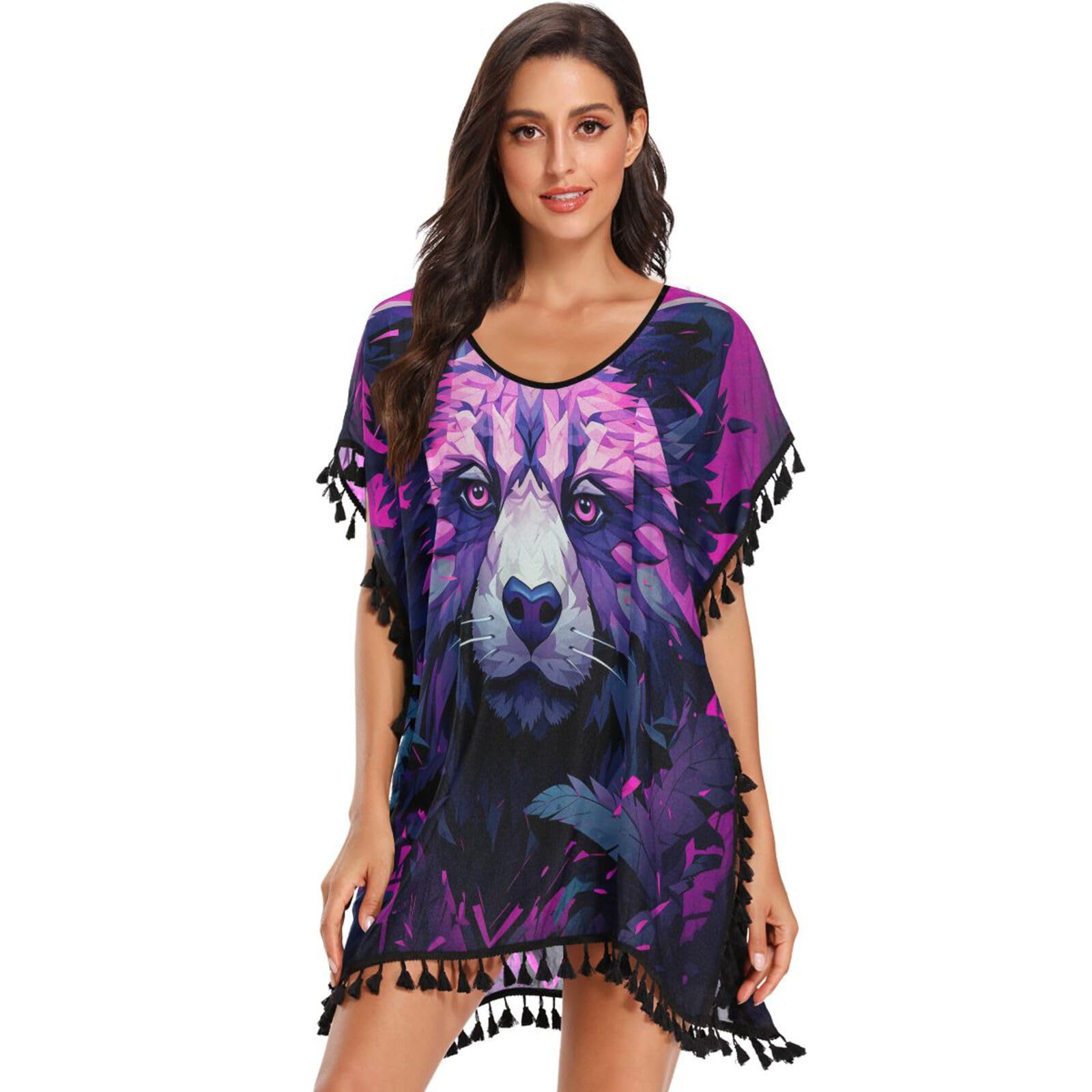 Purple Cool Panda Women's Beach Cover Up Chiffon Tassel Swimwear Swimsuit Coverups for Girl