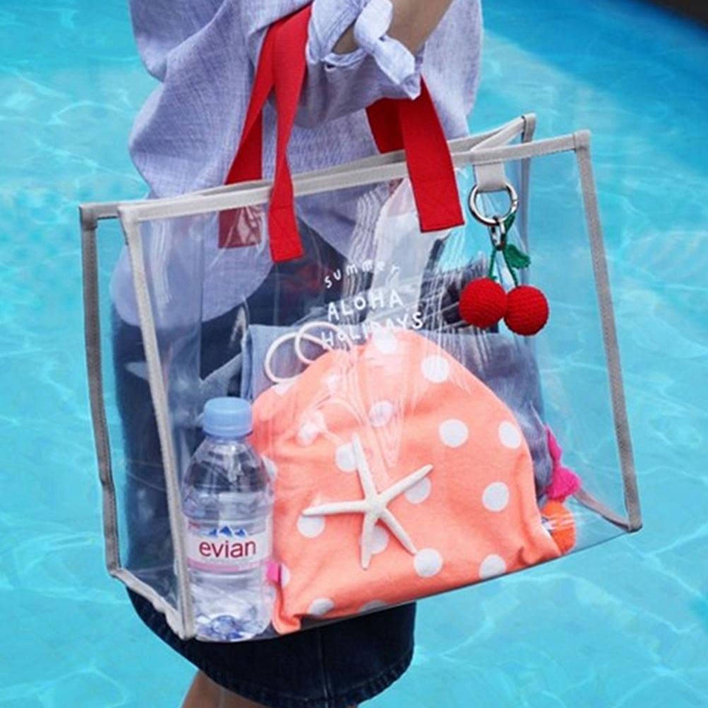 Tumnea Large Waterproof Transparent Beach Tote Bag, Unisex, Red + Gray, 35.5*28*15cm, Women's, Teens and Above - Image 3