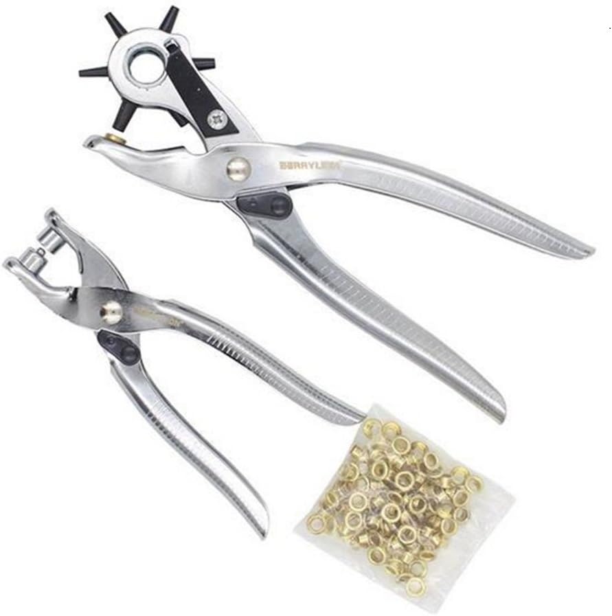VisKing 2pc Silver Multi-Function Metal Handheld Revolving Pliers Leather Belt Hole Punch Tool Puncher & Grommet Setting Kit Set