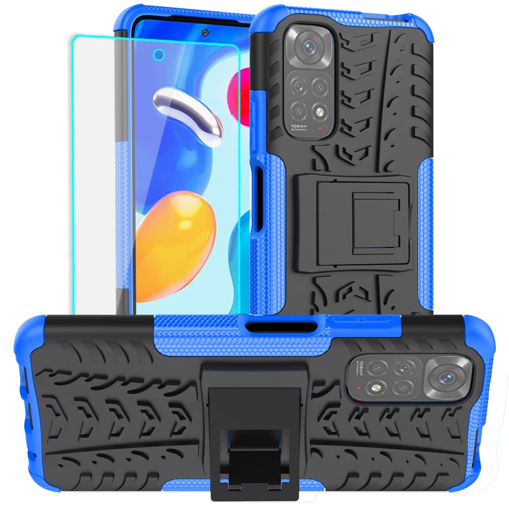 Yiakeng For Redmi Note 11 Case, Xiaomi Redmi Note 11 Case, and HD Screen Protector, Shockproof Silicone Protective with Kickstand for Xiaomi Redmi Note 11/ Note 11s (Blue)
