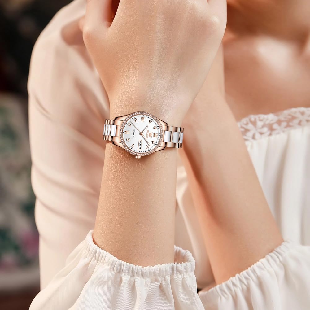 OLEVS Damen Automatikuhr Diamant Lünette modisch wasserdicht Kalender zweifarbig, Edelstahl Keramik Armband