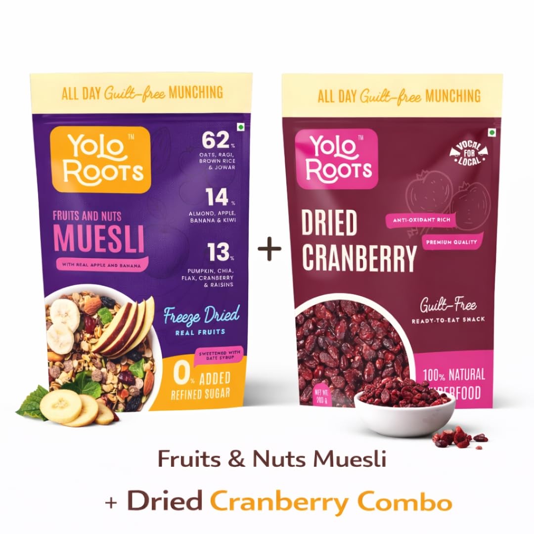 Yolo Roots Fruits & Nuts Muesli 400g & Dried Cranberries 200g Combo, No Added Sugar, High Fiber Breakfast Cereal & Antioxidant Rich Berry Snack, Healthy Food with Oats, Almonds & Fruits (Pack Of 2) 3
