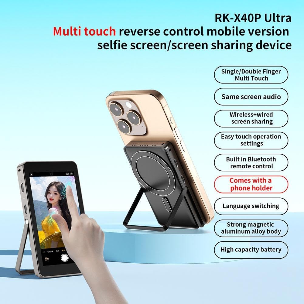 RK-X40P monitor magnetically attached to a smartphone, with an integrated kickstand deployed.