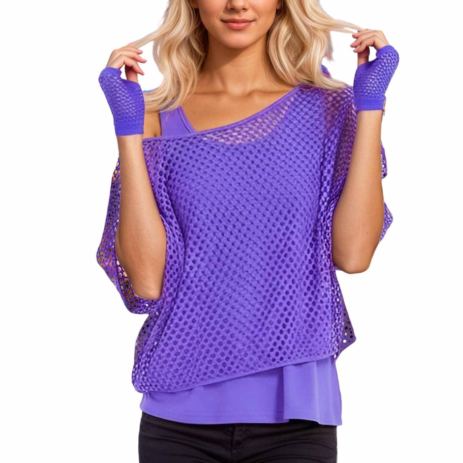 80S Neon Mesh Top for Women Fishnet T Shirts Sheer Off Shoulder Tops and Vest 2 Pieces Set Party Outfit Sexy Disco Clothes Y2K Gothic Tops Retro 90s 80s Party Costume Rave Outfits (Z2-Purple, XXL)