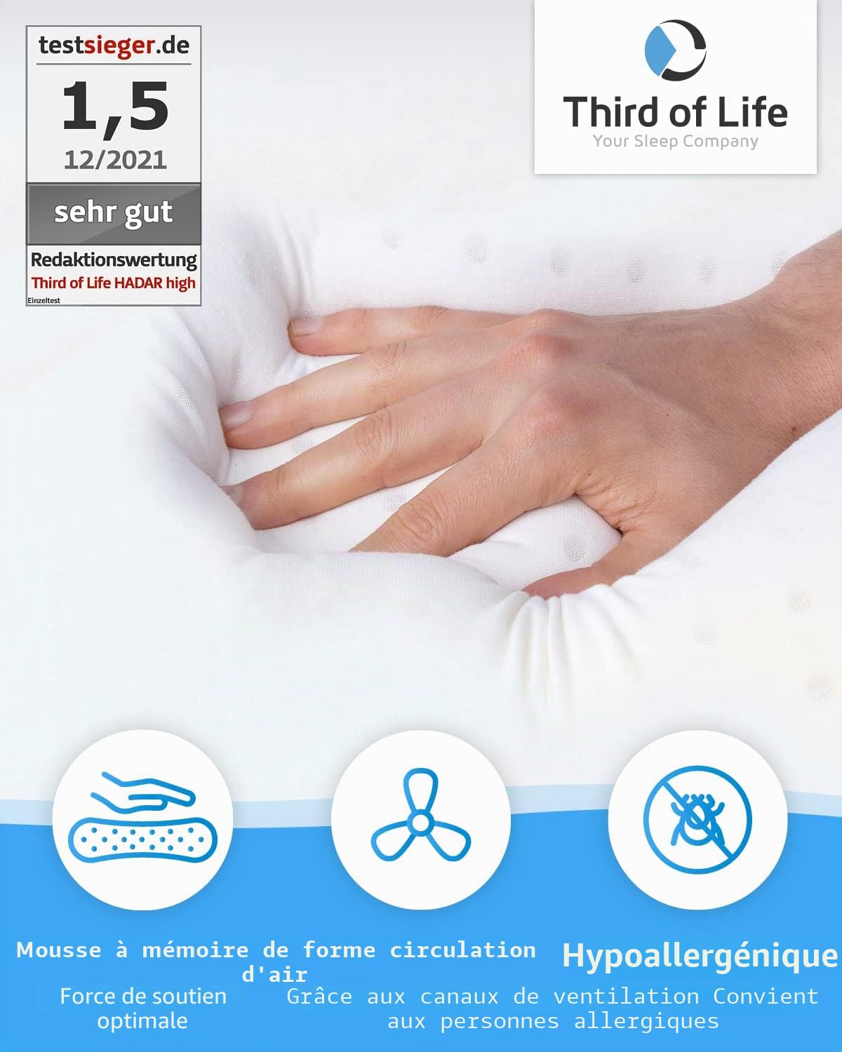 Oreiller à Mémoire de Forme HADAR | Pour Dormir sur le Dos ou sur le Côté | Coussin Ergonomique Cervical | Mousse Viscoélastique | Housse avec Thermorégulation | S'adapte aux taies 80x40cm