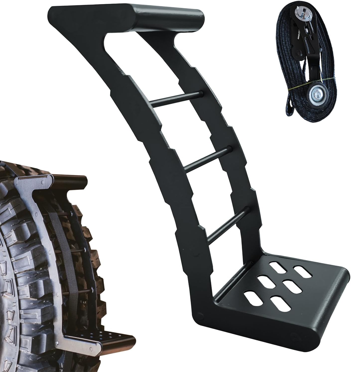 Wheel Step - Foldable Stainless Steel rooftopp Ladder | Tool Free Non Slip Tailgate Adjustable SUV Tire Footstep, Heavy Duty Wheel Mounted Pedal Stool for Roof Rack Cargo Access