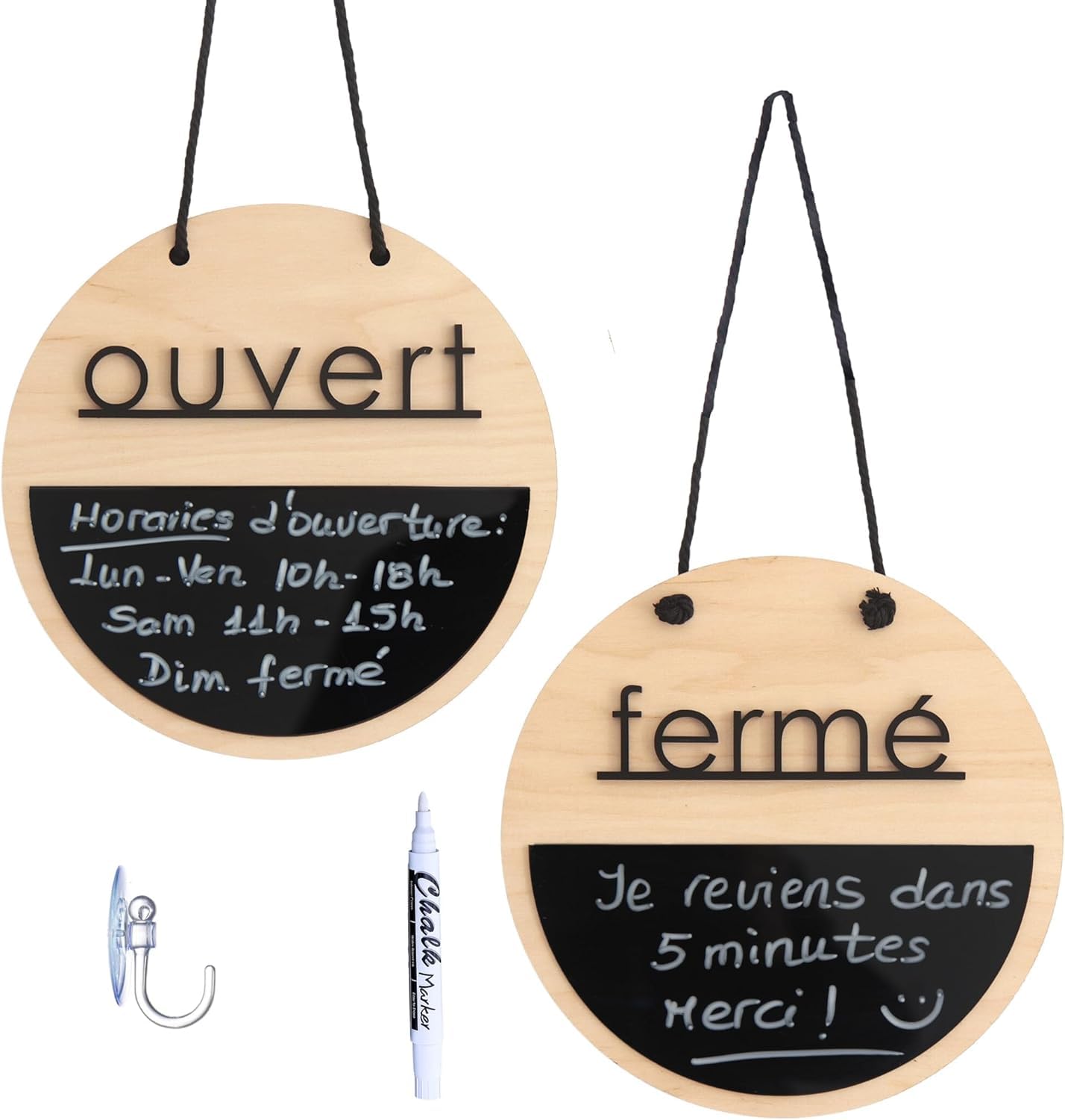Panneau Fermé Ouvert avec Tableau Noir et Bois Naturel pour les Magasins, Entreprises, Panneau heures d'ouverture