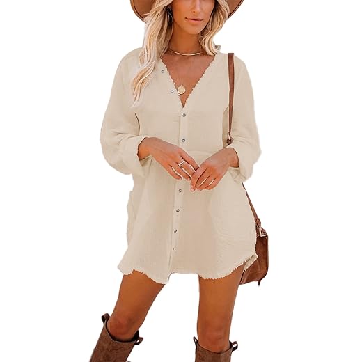 iGENJUN Women's Long Sleeve Button Down Oversized Shirt Dress Boho Dresses Beach Cover-Ups with Pockets,L,Cream