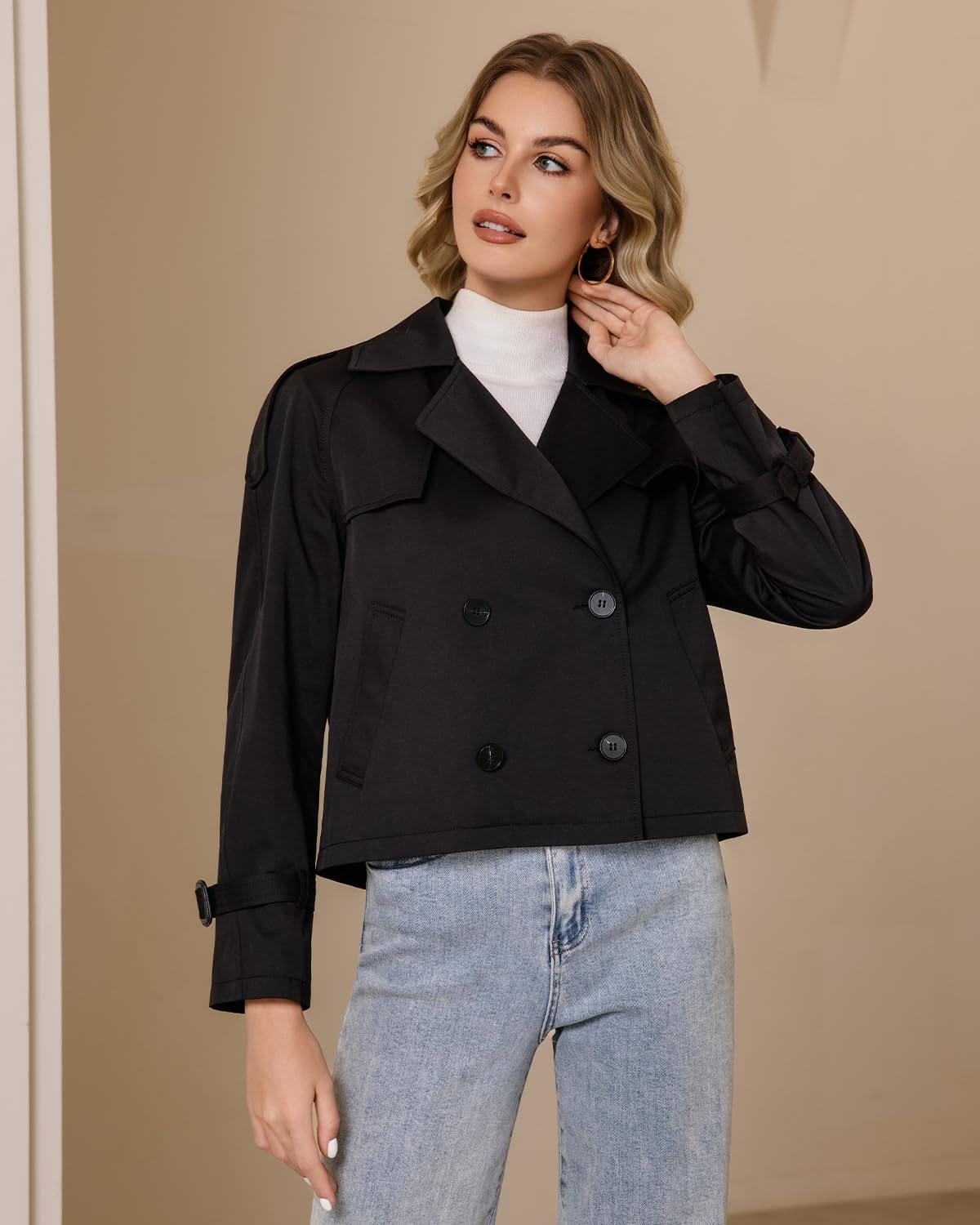 DIASHINY Trench corto da donna, doppiopetto, giacca corta casual alla moda a maniche lunghe