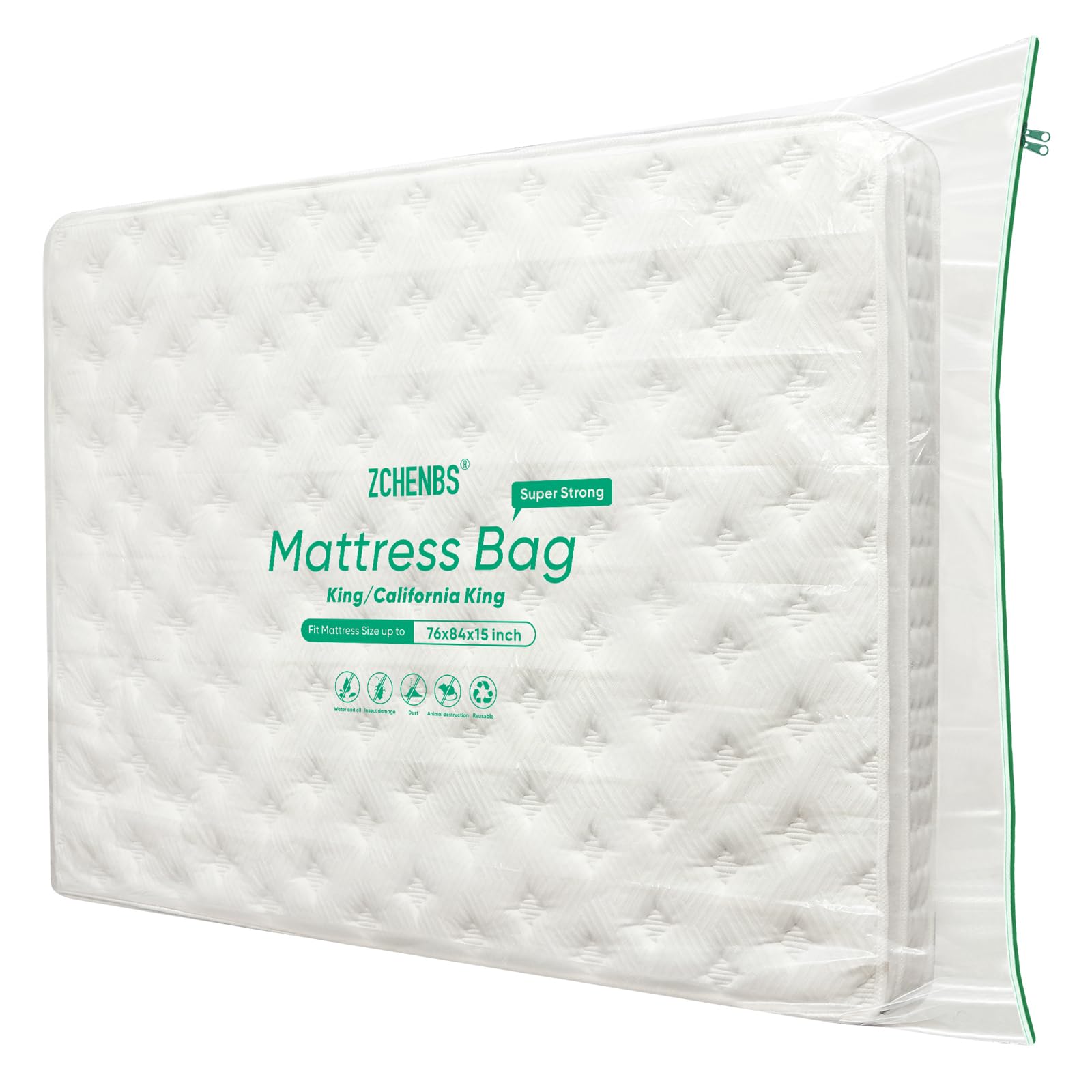 ZCHENBS® - King Mattress Bags for Moving, Waterproof Storage Bag with Zipper, Heavy-Duty 5 Mil Ultra-Thick California King Mattress Protector Cover for Moving, Reusable (Transparent/Green, 1 Pack)