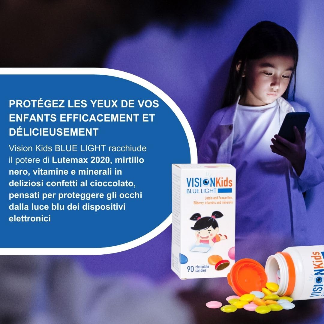 Supplément pour la vue enfants Vision Kids BLUE LIGHT à base de lutéine, zéaxanthine et canneberge noire | Confettis exquis au chocolat noir I 90 dragées (1 mois)