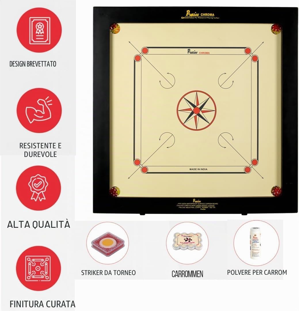 Carrom Original 6 mm Chroma Excel Set professionale completo brevettato realizzato a mano in India per 4 giocatori dai 9 anni in su