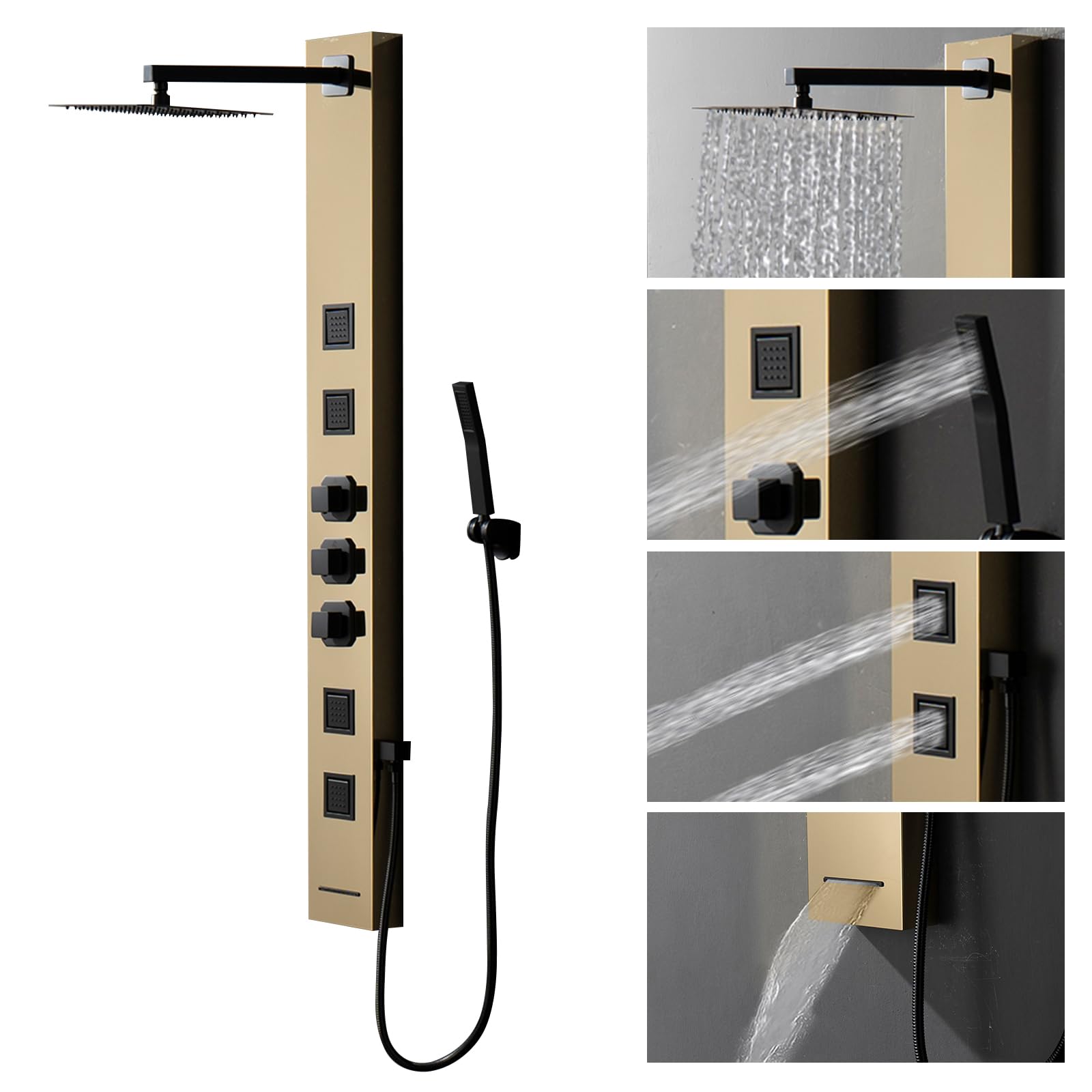 Homevacious Shower Panel Tower System Stainless Steel Bathroom Stand Up Shower Kit Wall-Mount Shower Panels with Rainfall Shower Head 4 Massage Body Jets Tub Spout and Handheld Shower Polished Gold