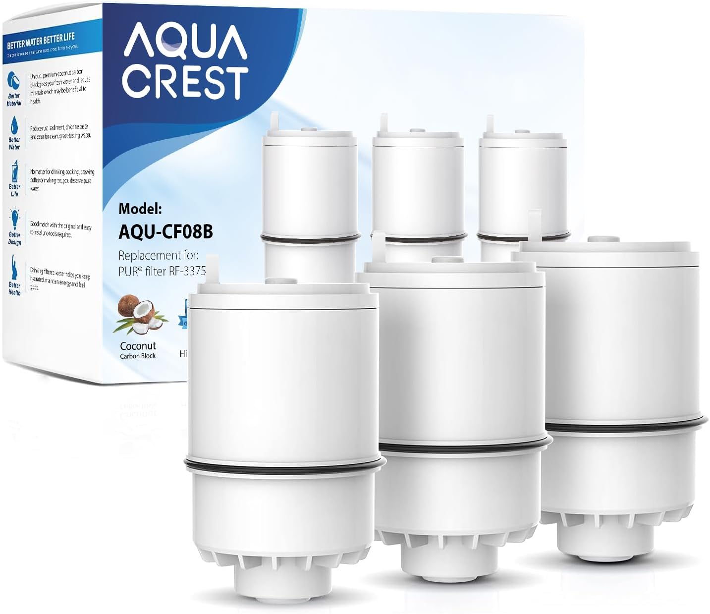 AQUA CREST CF08B Faucet Filter, Compatible with All PURยฎ Plus Faucet Filtration System, Replacement for RF-3375ยฎ, NSF 42 Certified, 9-Month, 900-Gallon, 3 Pack