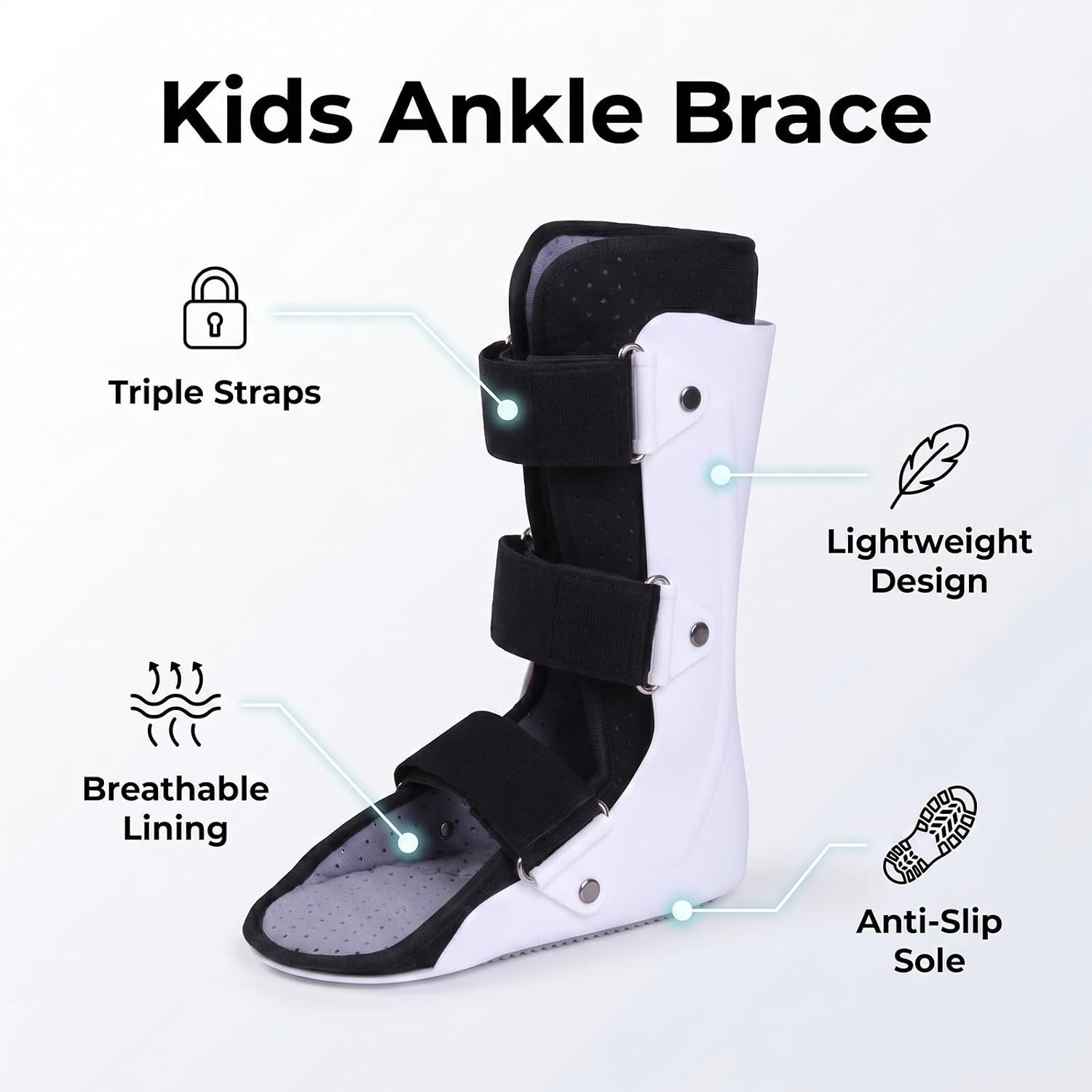 Kids Ankle Brace, Foot Brace with Adjustable Straps & Dual Breathable Design, Anti-Slip Sole, Ideal for Post-Fracture & Ankle Injury Fixation, Lightweight Cast Alternative, Large Left