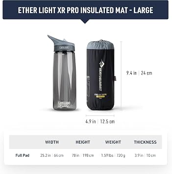 SEA TO SUMMIT - Ether Light XR Pro Insulated Air Sleeping Mat Large - ThermalCore Insulation - XPRESS Valve - Stuff Sack & Pillow Lock - Ultra Compact - 4 Season - For Backpacking - Black - 720g