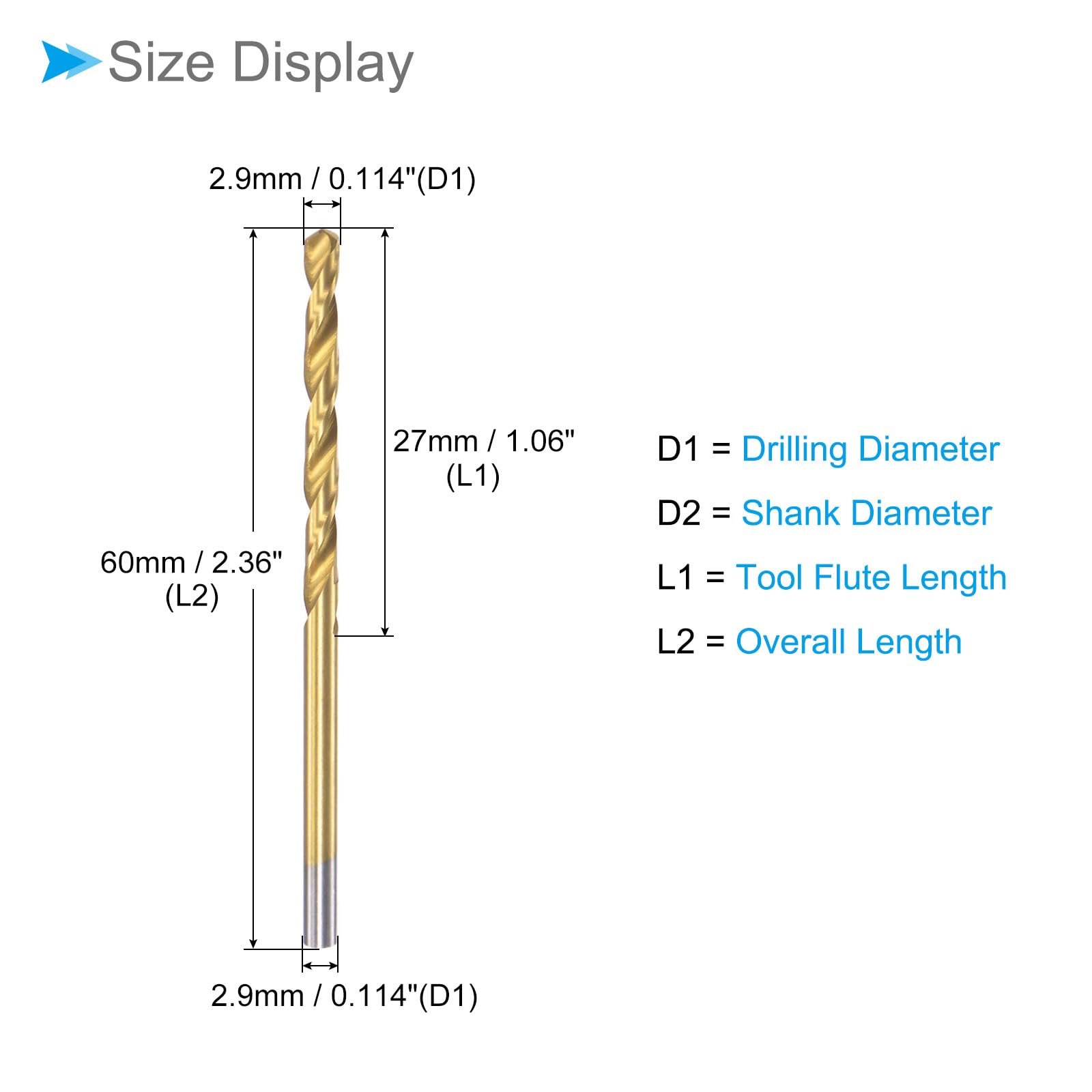 CoCud Twist Drill Bits, 2.9mm Drilling Diameter, Titanium Coated High Speed Steel 6542 Straight Round Shank - Image 2