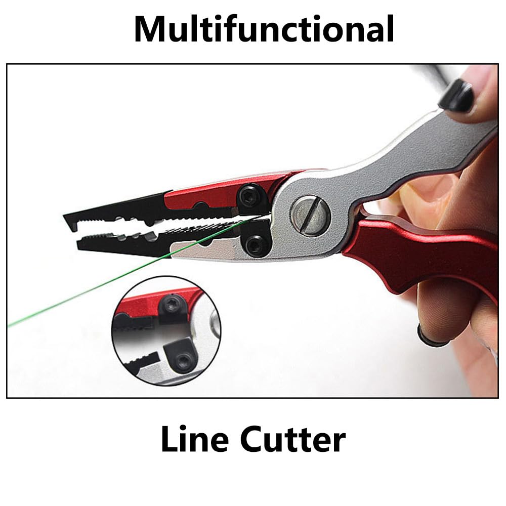 Alicates de pesca multifunción, color rojo de aluminio de aviación para anzuelos de pesca con cordón en espiral para entusiastas de la pesca