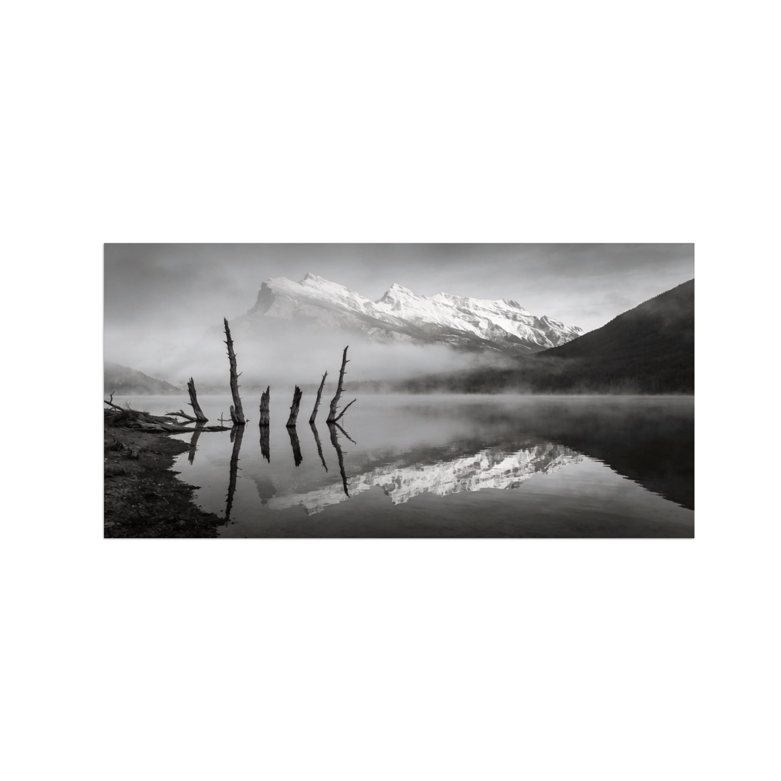 Black White Landscape Wall Art. Mountain Lake. Picture 40x80cm Framed