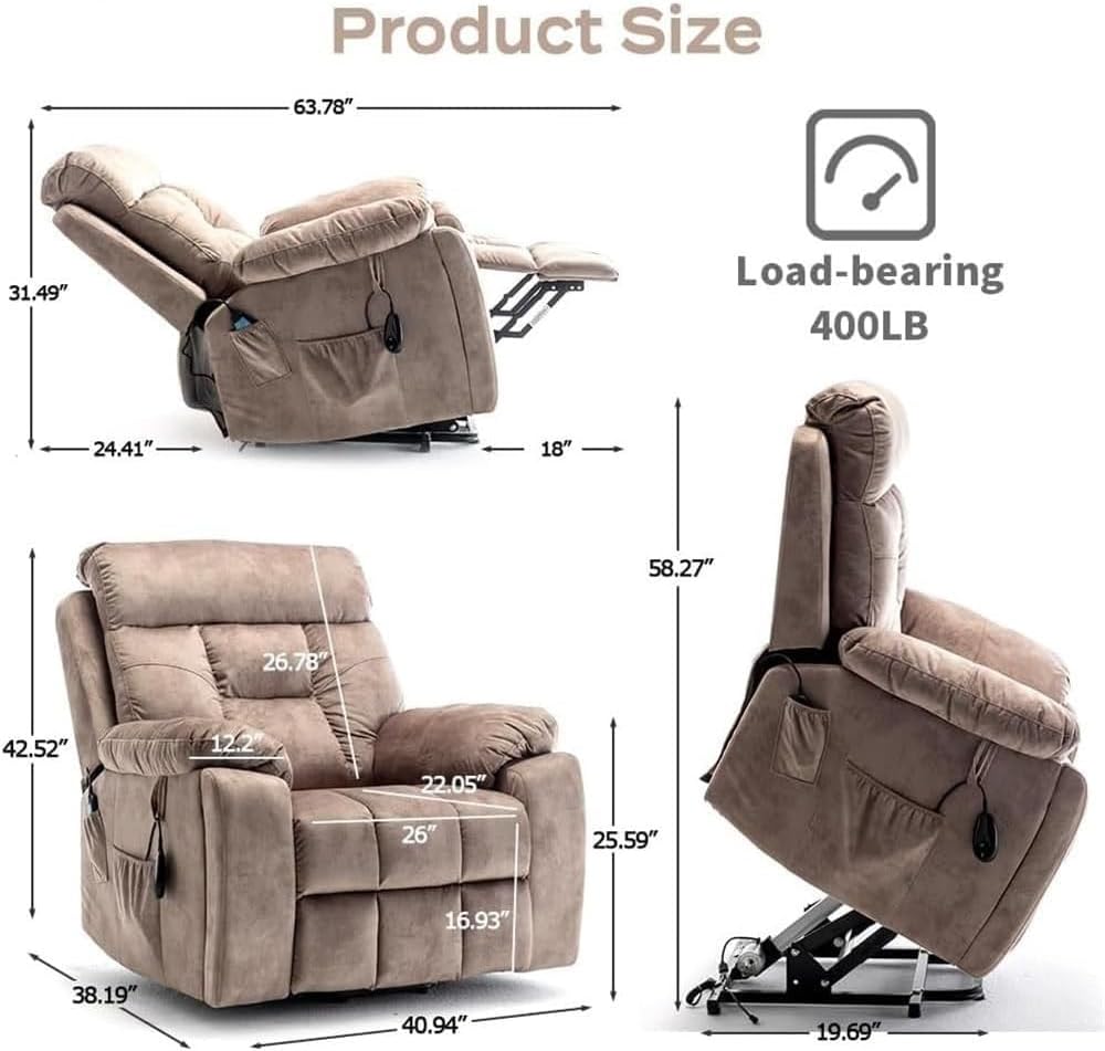 Power Lift Recliner Chair for Elderly with Vibration Massage and Lumbar Heating Comfortable Fabric Electric Recliner Sofa with Hidden Cup Holders Side Pocket for Living Room