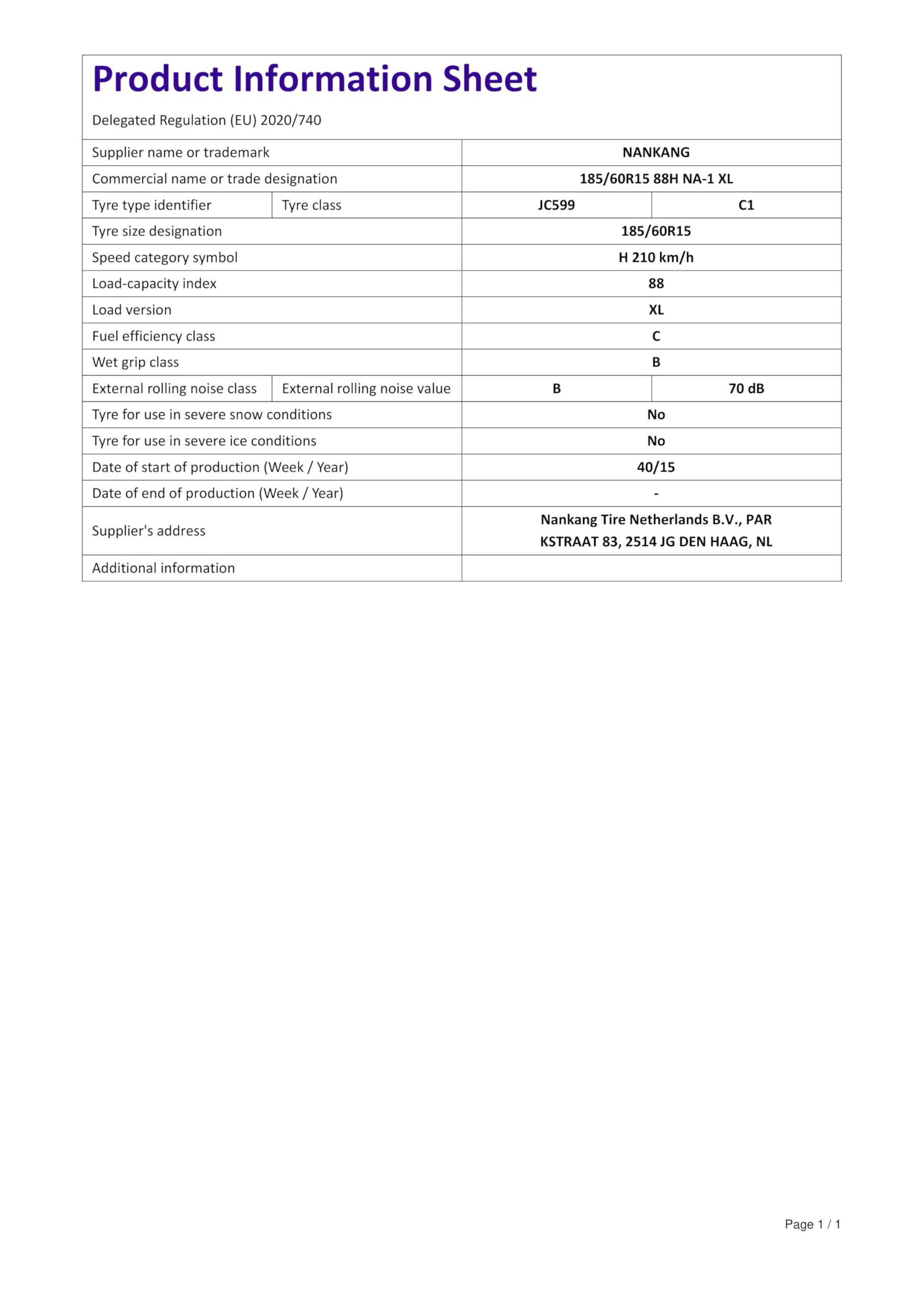 Nankang NA-1 XL - 185/60R15 88H - Pneumatico Estivo