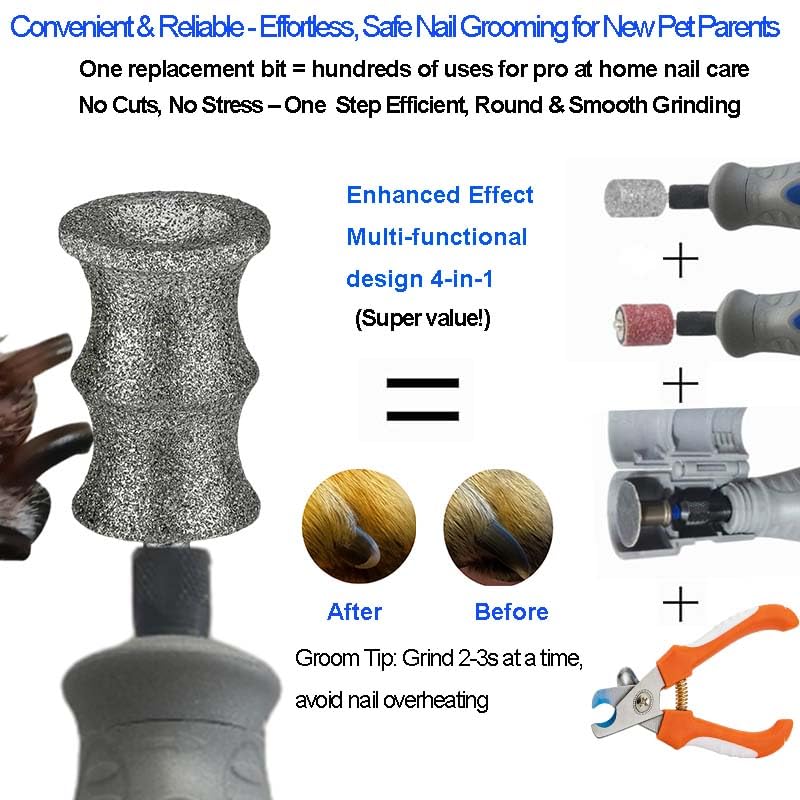 Image of Diamond Dog Nail Grinder Bits Attachments for Dremel 7760 7350 7300 - 1 /8'' 80 Grit Replacement Heads Refills & Tip for Most Pet Grinders - Painless & Safe for All Dogs Cats Thick Tough Nails Grooming | Safe Grooming Diamond Bit, Smooth Thick Dog Nails, Prevents nail damage, eases pet stress, compatible with Dremel Tools