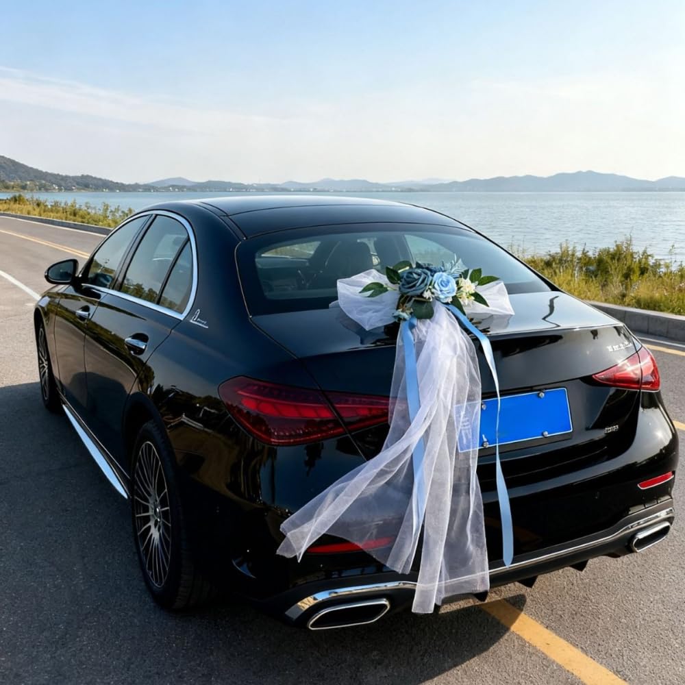 6 Stück Autoschleifen Hochzeitsauto Deko Blumenschmuck Mit Tüll Schleife, | Hochzeit Autoschmuck, Brautwagen Dekoration, Künstliche Blumen, Für Hochzeit Feier Fotoshooting Fahrzeugdekoration,Blau