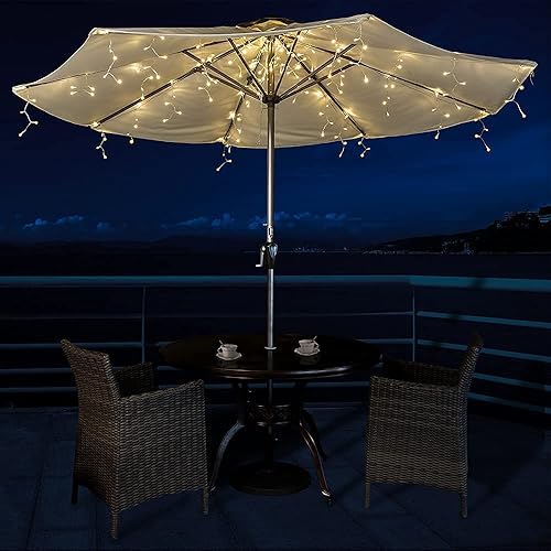 Luces solares para sombrilla de patio, luces solares para sombrilla con 200 luces LED blancas cálidas, tiras de luces solares impermeables perfectas