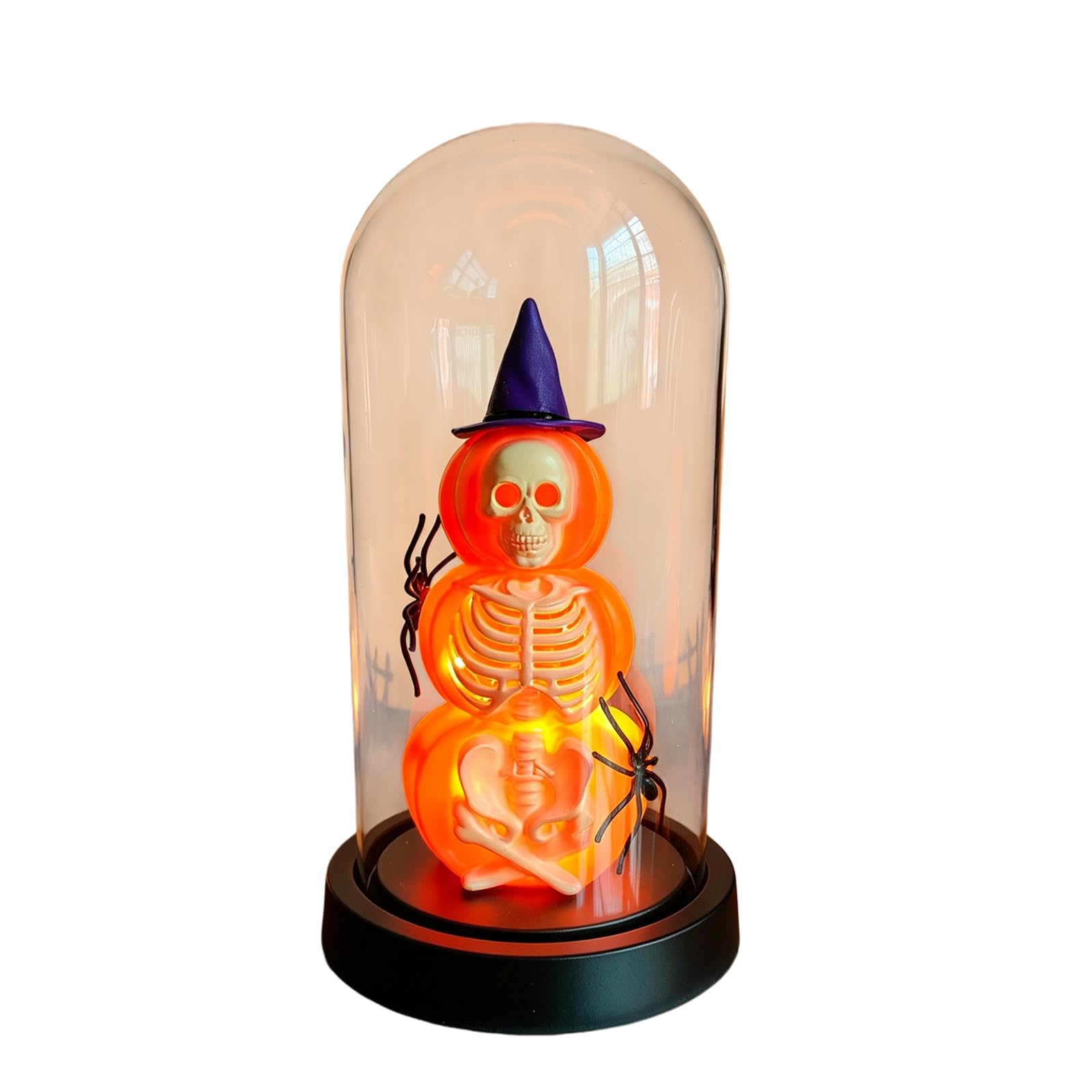ZEPFJHE Light Halloween Home Decor with Pumpkin Skeleton Glass Dome, Compact Tabletop Accent for Seasonal Party Displays Mantel Accent
