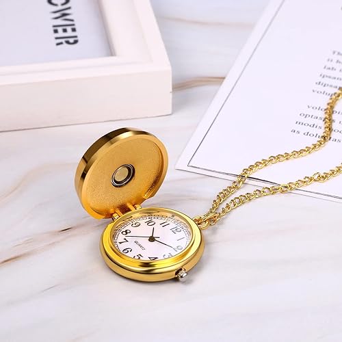 Miniatura 5 de JewelryWe Reloj de bolsillo vintage para mujer, clásico, chapado en oro, redondo, analógico, de cuarzo, collar con cadena, para Navidad