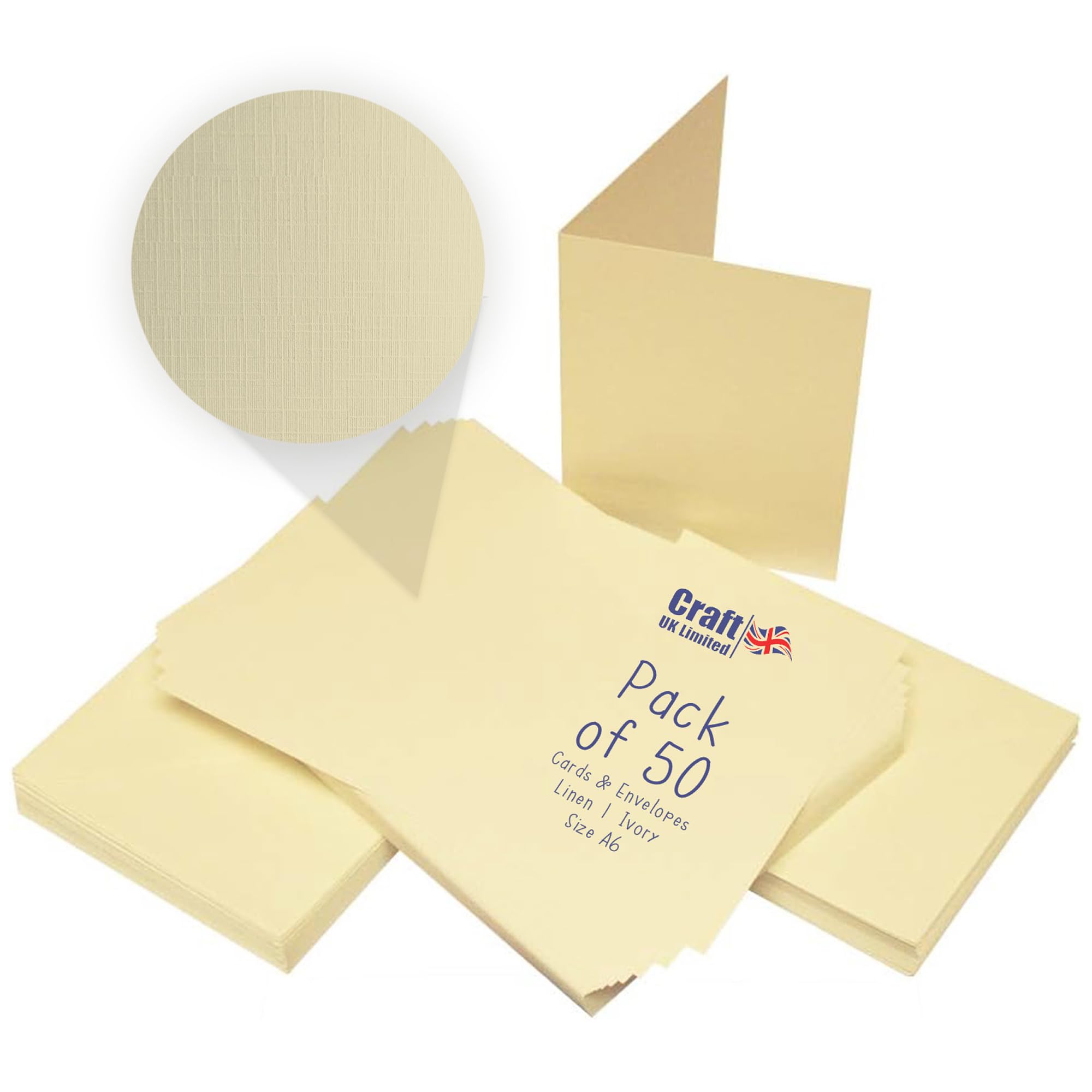 Craft UK, 50 Blank Cards and Envelopes for Card Making, 300gsm, Made in the UK, Lasting Quality, Recycled Ivory Linen, A6