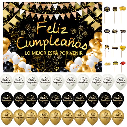 Decoração completa de aniversário 84 peças - Photocall bandeira feliz aniversário espanhol 110 x 80 cm 30 balões Banner festa 12 autocolantes - crianças adultos festa fotografia pano de fundo cartaz