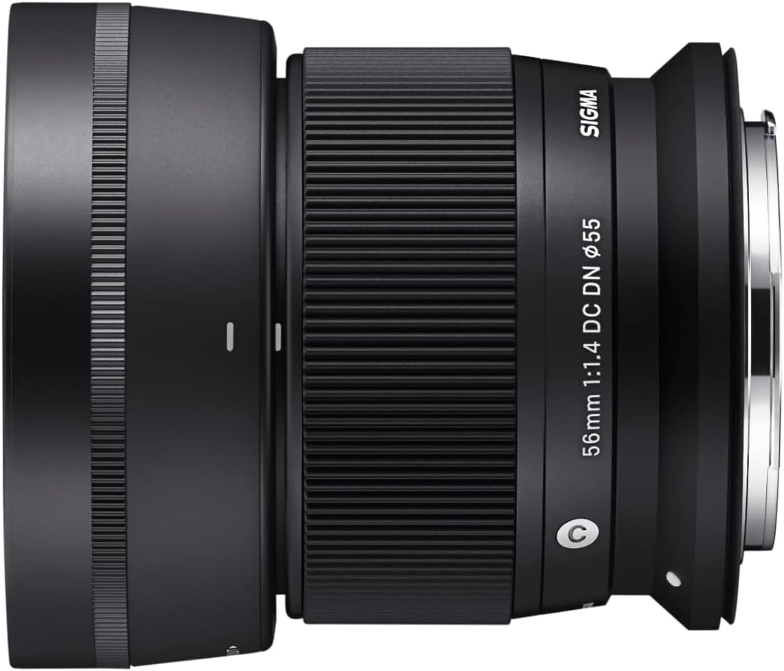 Sigma 56mm f/1.4 DC DN Contemporary Lens with lens hood attached