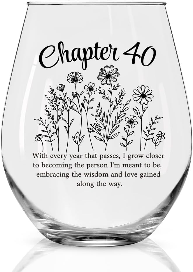 Perfectinsoy Chapter 40 Stemless Wine Glass, Time Commemorative 40th Wine Glass, Happy 40th Birthday Gifts for Friends Colleagues Sisters Brothers, Congratulation Party, Home Gathering
