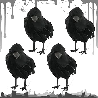 Black Crow Decoration Pack of 4 Hall-Oween Crow Prop Halloween Crow Decorations Realistic Raven Birds Decorations Black Feathered Crow for Scary Halloween Party Horror Decoration