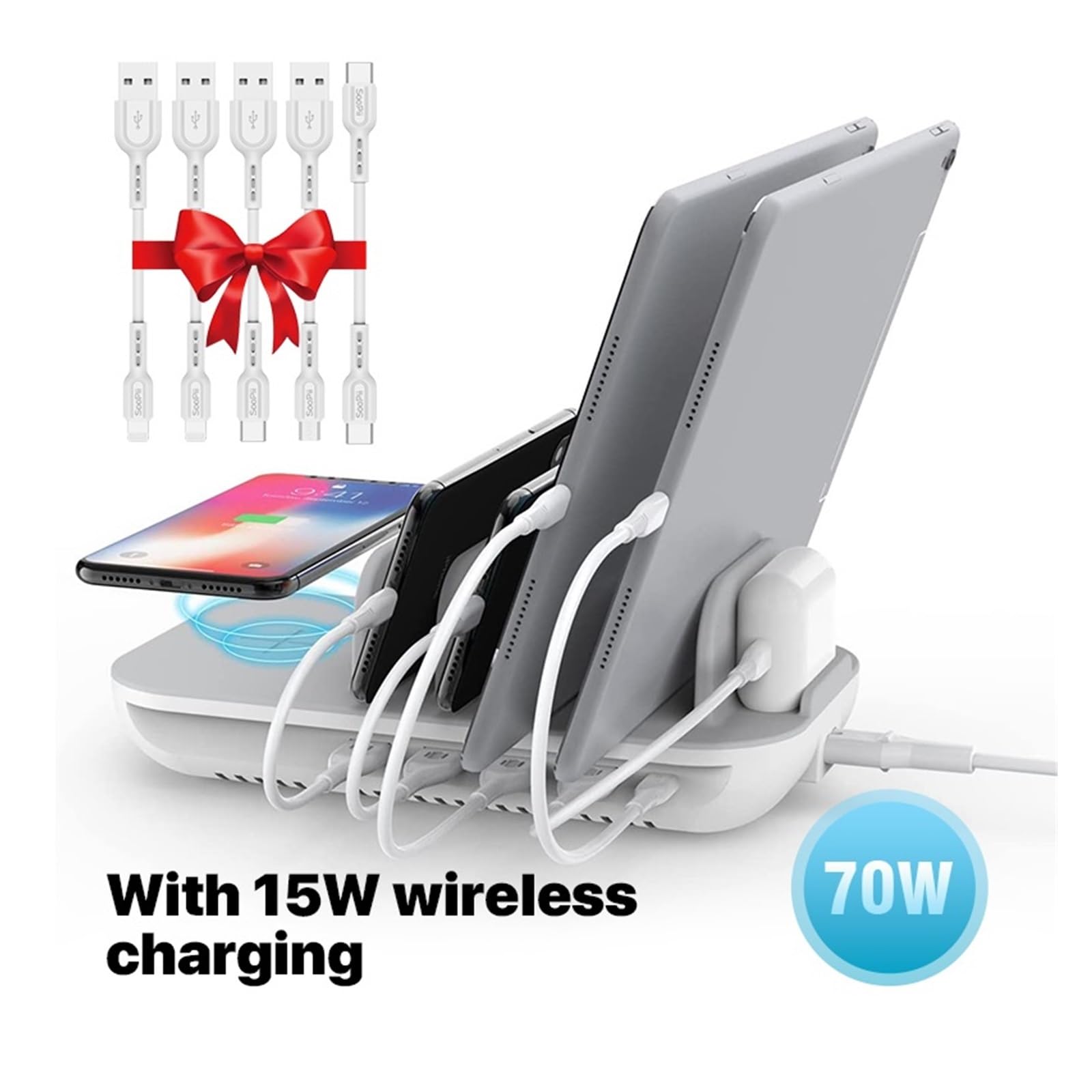Ładowarka USB, 5-portowa stacja ładująca 70 W z bezprzewodową podkładką ładującą 15 W Port USB-C z 25 W PD3.0 dla wielu urządzeń 5 sztuk kabla mieszanego Wielofunkcyjne gniazdo USB
