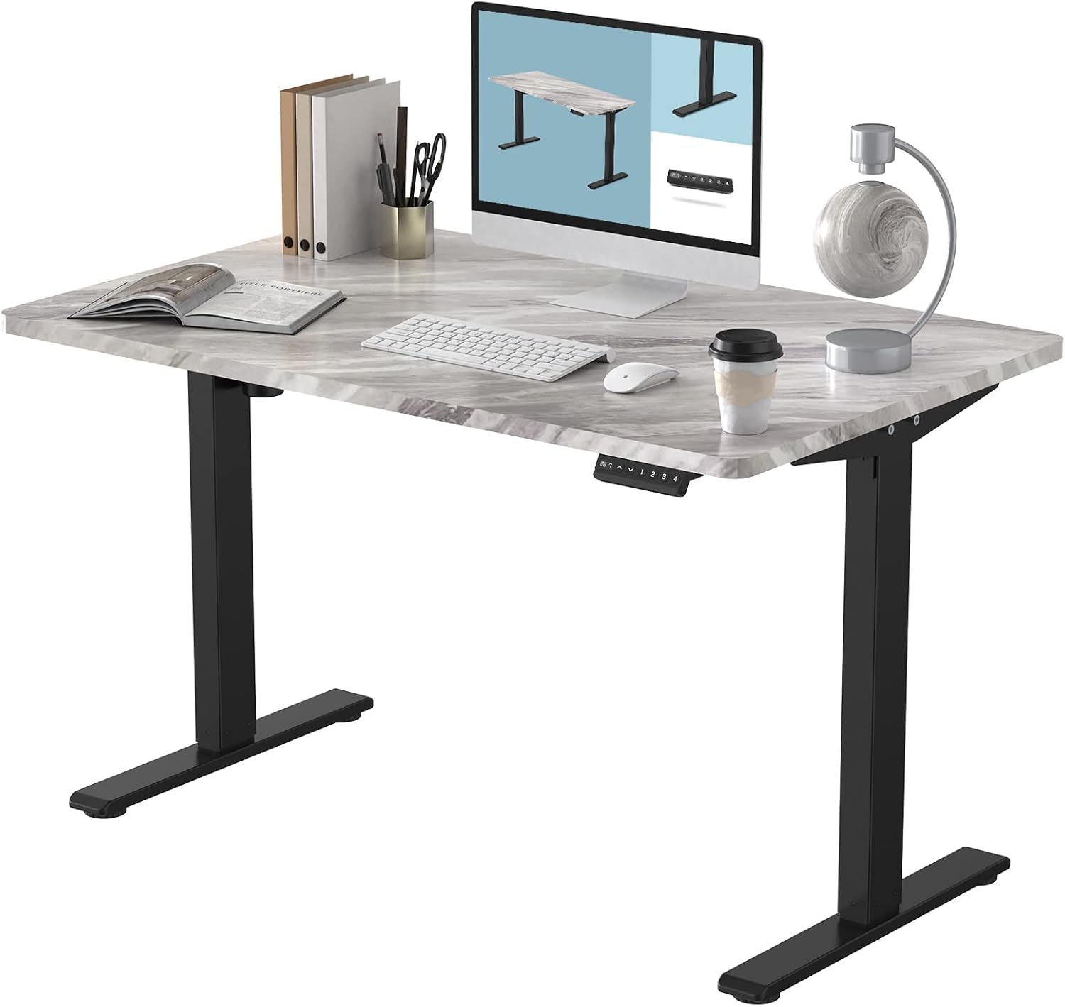 FLEXISPOT EN1 Height Adjustable Standing Desk 48 x 24 Inches Whole-Piece Desktop Ergonomic Memory Controller Electric Stand Up Desk (Black Frame + 48" Marble Gray, 2 Packages)