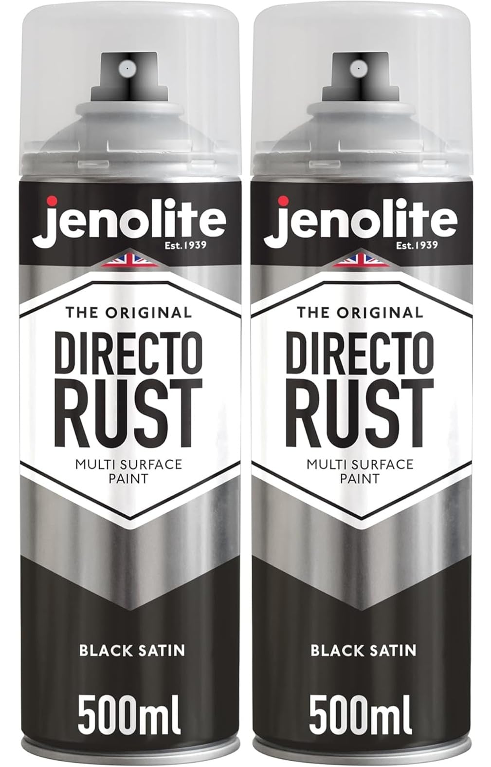 JENOLITE Directorust Spray Paint Satin Finish | BLACK | 2 x 500ml | Direct To Rust Spray Paint For Metal | All-In-One Multi Surface Paint for Metal, Wood, Plastic, Ceramic | RAL 9005