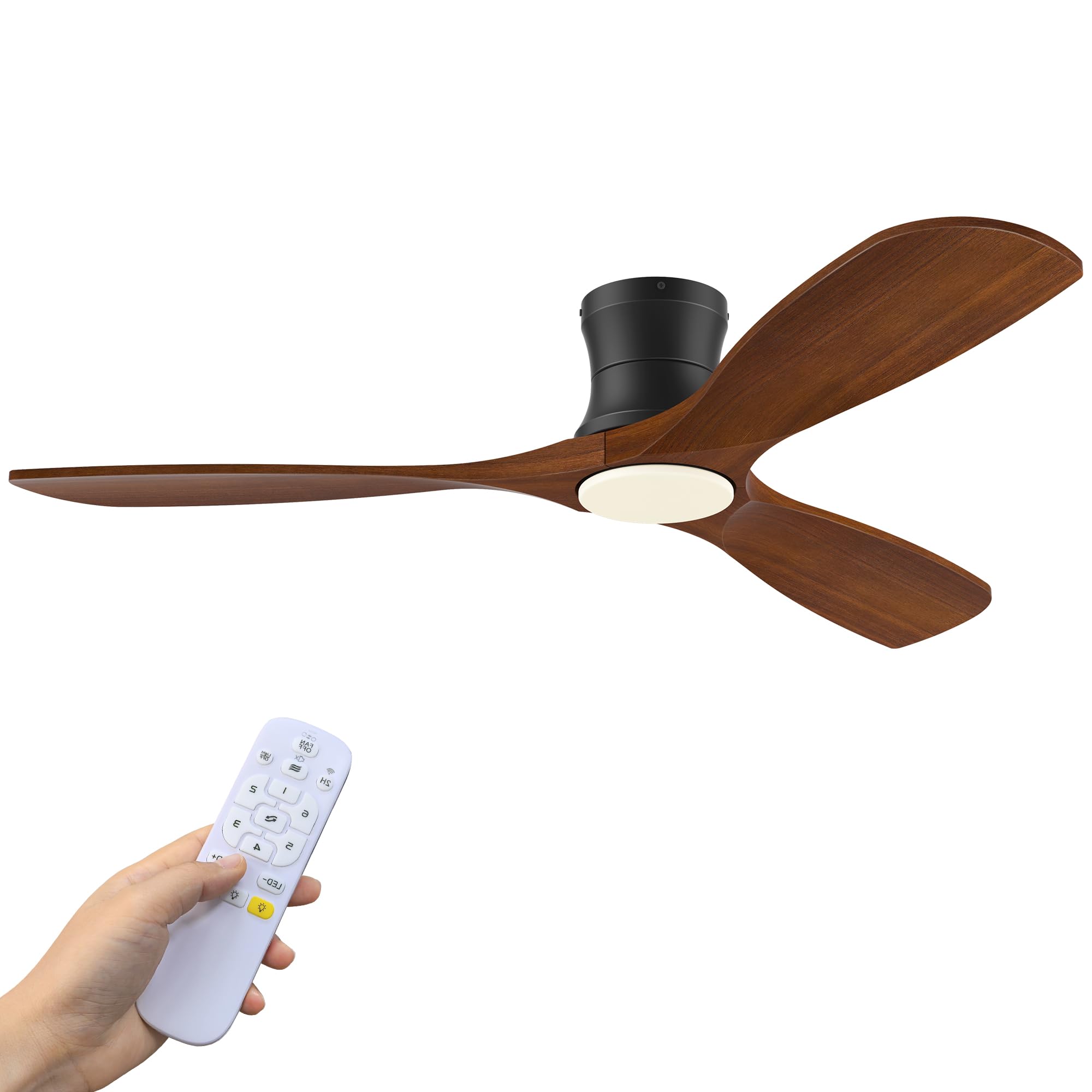 52 inch wood ceiling fans with lights remote,low profile flush mount ceiling fan with light,outdoor indoor modern hugger ceiling fan for patio bedroom,walnut brown& black,3 blades,6 speeds,ultra-quiet