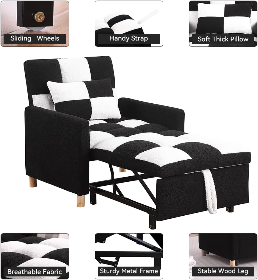 Sleeper Chair Bed,Convertible Single Sofa Chair Bed with Pillow,Pull Out Sleeper Bed with Adjustable Backrest,Multi-Functiona Lounge Chair with Teddy Fabric for Living Room(Black White)
