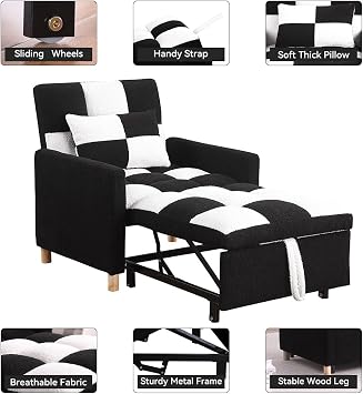 Sleeper Chair Bed,Convertible Single Sofa Chair Bed with Pillow,Pull Out Sleeper Bed with Adjustable Backrest,Multi-Functiona Lounge Chair with Teddy Fabric for Living Room(Black White)